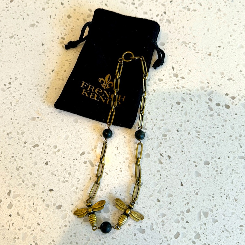 French Kande brass and black onyx bee necklace